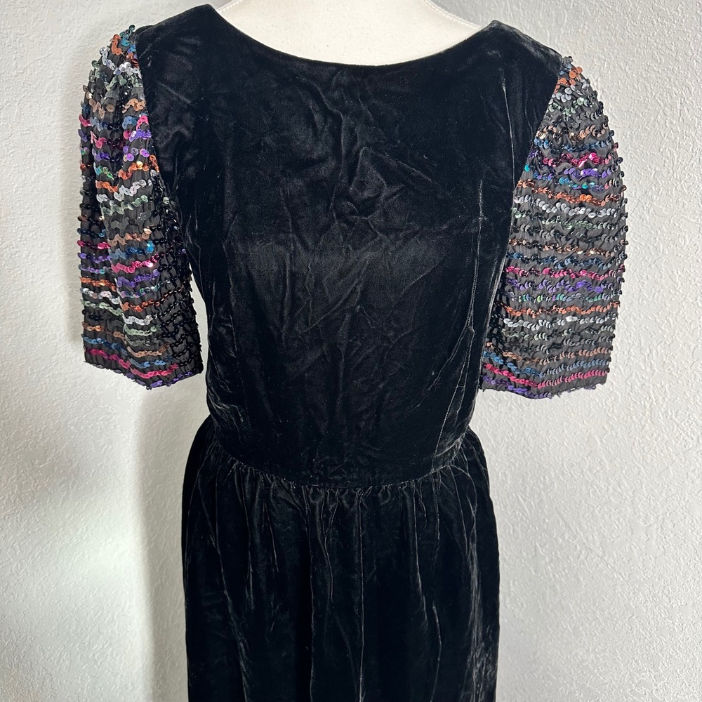Ricki Lang for Nuit Black Velvet Sequin Sleeve Dress Vintage‎ Party Cocktail